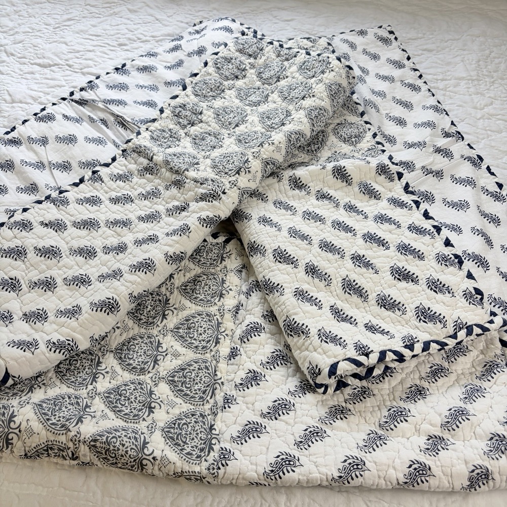 Ballard Designs Pippa Patchwork Euro Shams Blue White Cotton Quilted Paisley (3) - Picture 11 of 16